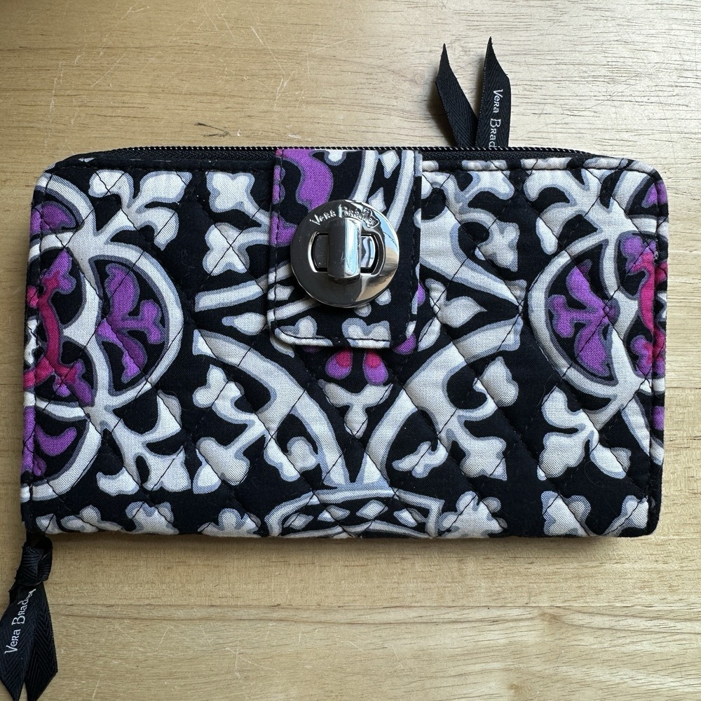 Vera Bradley RFID Turnlock Wallet 7.5" x 4.7" Black Pink Scroll Medallion Fabric